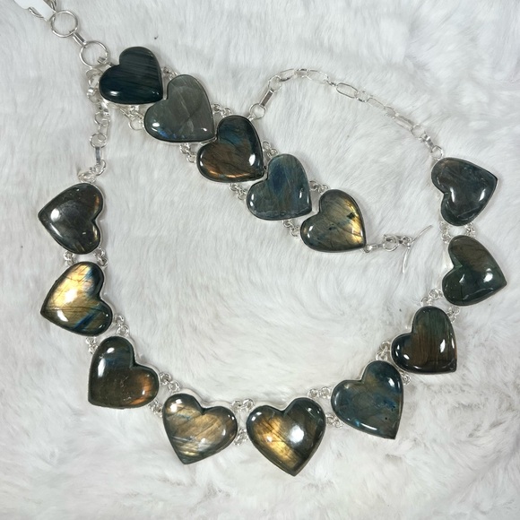 Labradorite Hearts 925 Large Gemstone Necklace & Bracelet Set - Picture 3 of 4